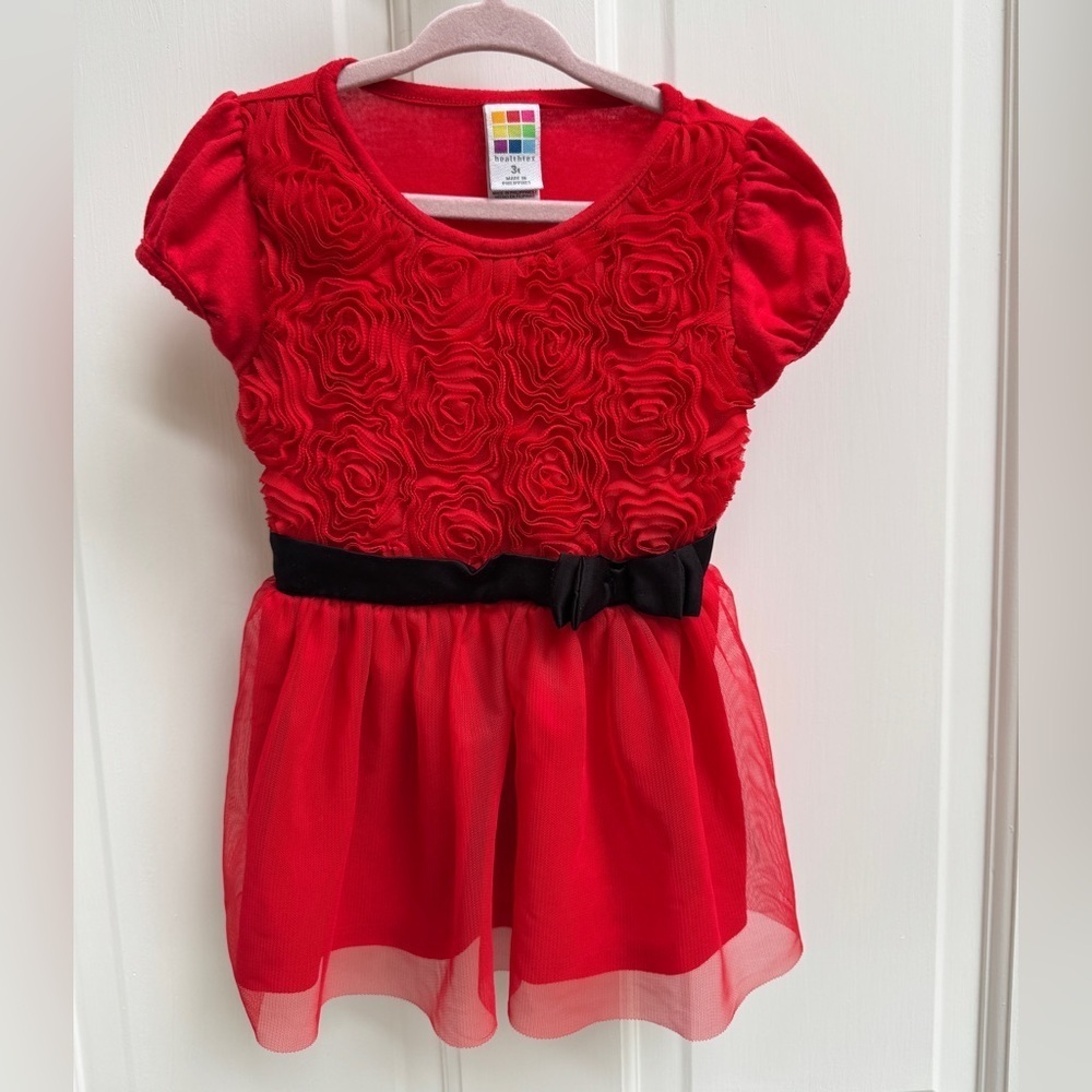 Healthtex 3T Girls Red & Black Rosette Poplin Short Sleeve Shirt Blouse
